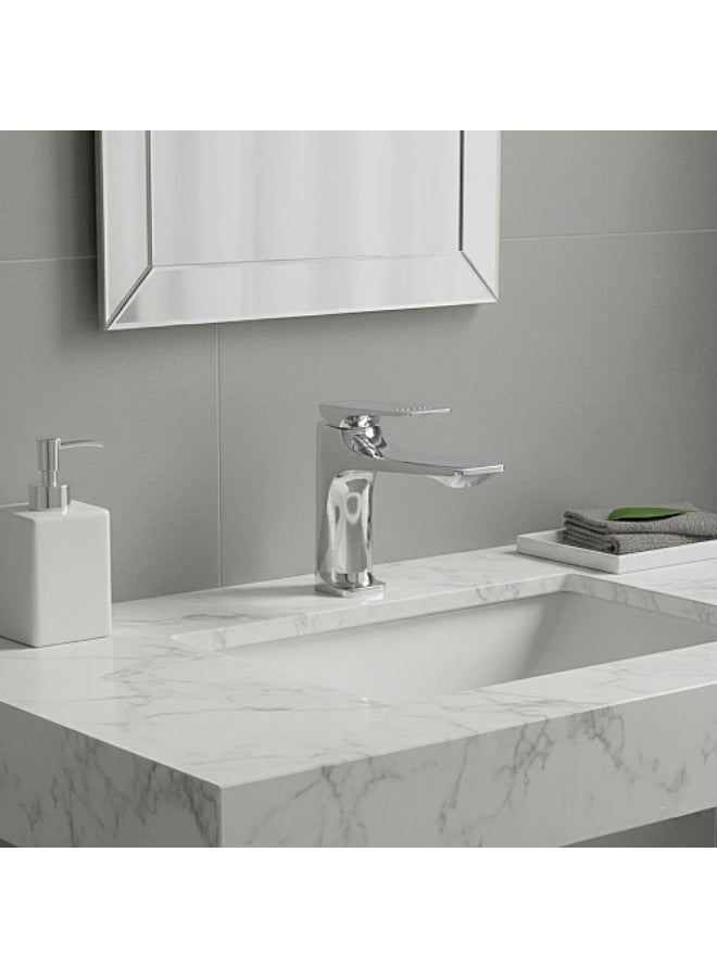 Short square chrome sink mixer with patterned handle and hoses - Image 1